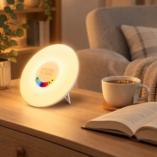 Réveil lumineux utilisé comme lampe de lecture sur une table de chevet, à côté d'un livre et d'une tasse