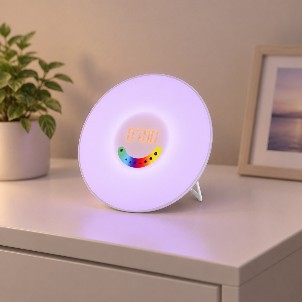 Réveil lumineux en mode lumière d'ambiance lavande sur une commode blanche